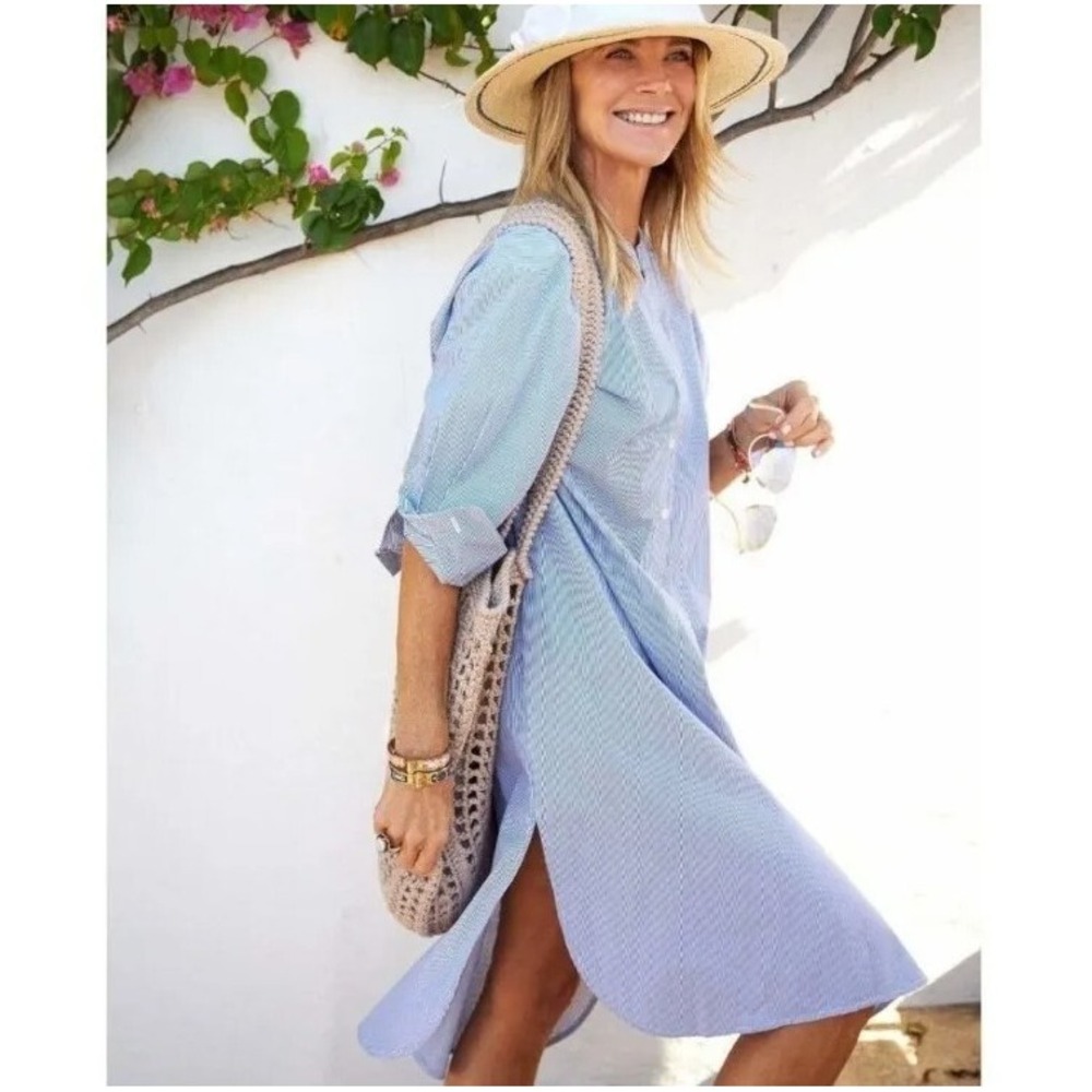 MER SEA Coastal Blue Pinstripe Shirt Dress Women's‎ L/XL  Long Sleeve w/pockets